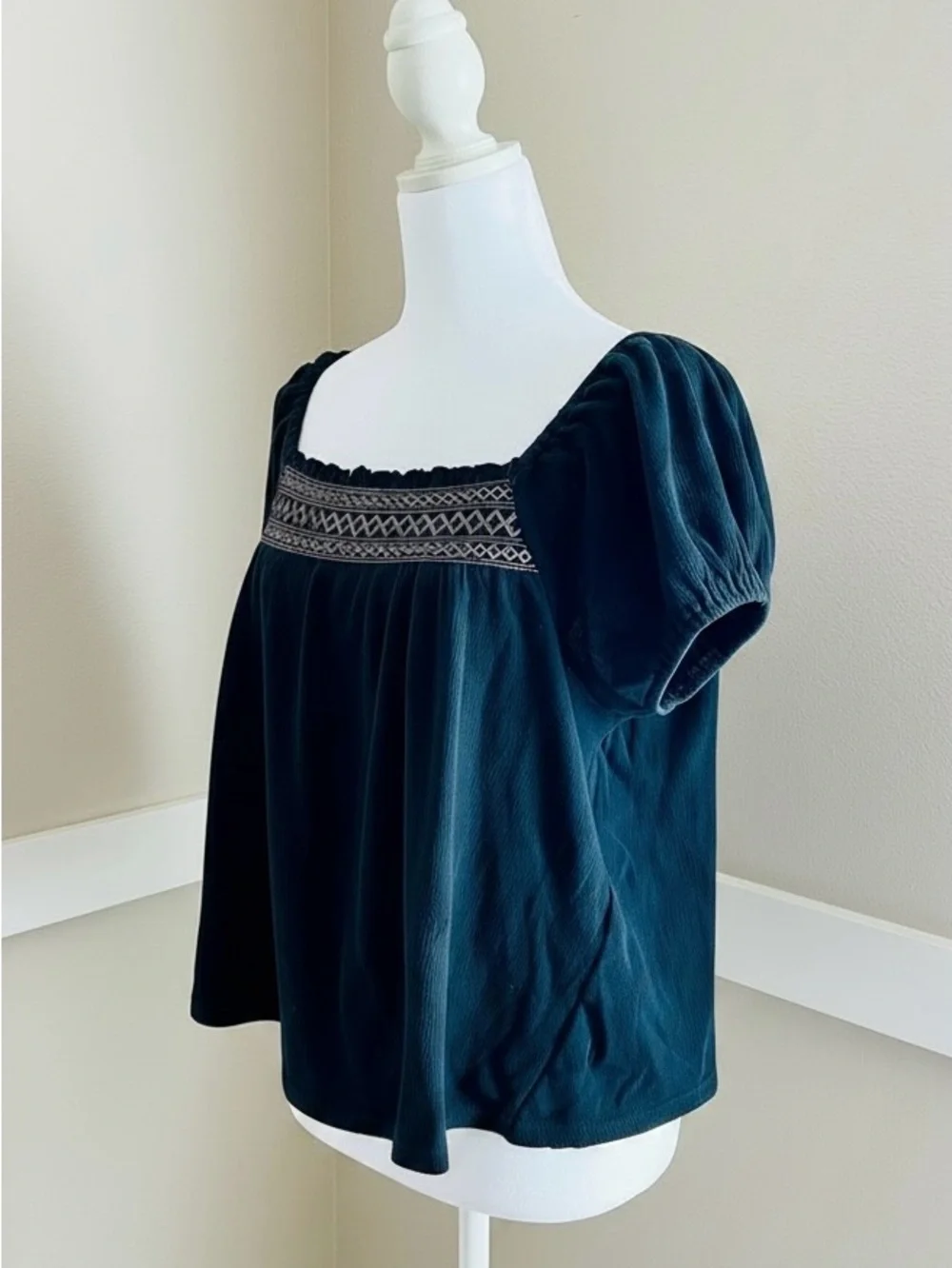 Madewell Black Square-Neck Embroidered Puff Sleeve Blouse/Med